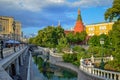 Alexander Garden near the Moscow Kremlin walls at sunset Royalty Free Stock Photo